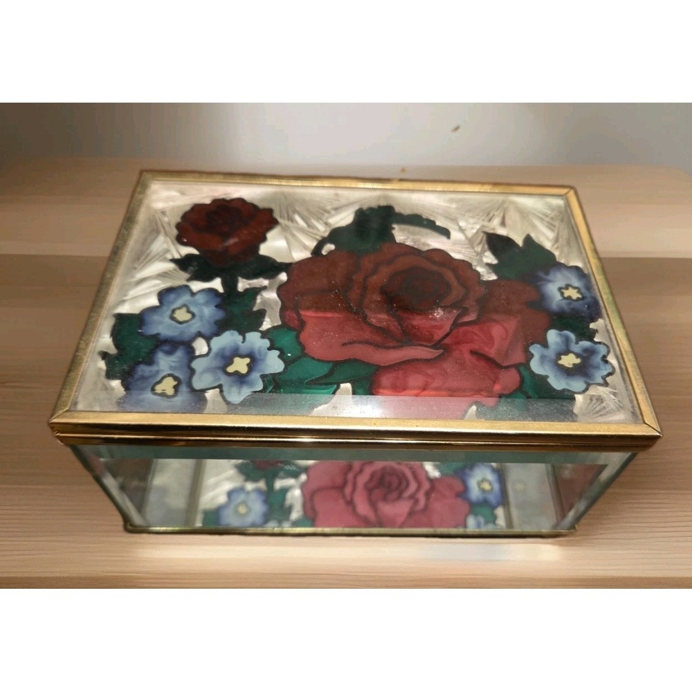 Joan Baker Design Stained Glass Mirrored Red Roses  Floral Jewelry Trinket Box